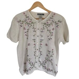 Vintage Debbie Morgan Womens Embroidered‎ Short Sleeve Cardigan Size M White